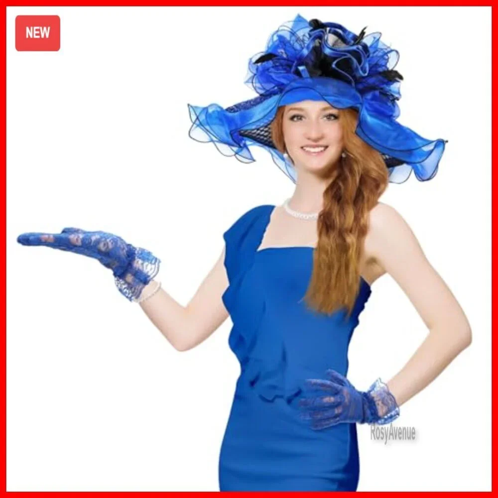 Wide Brim Organza Derby Hat Set with Gloves and Pearl Jewelry